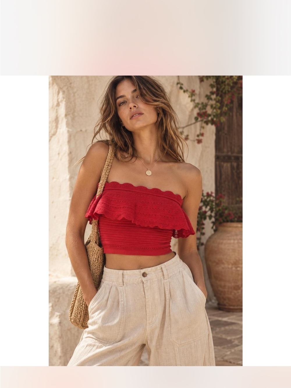 Anthropologie Ruffle Strapless Pointelle Crop Top Raspberry Red XS NEW